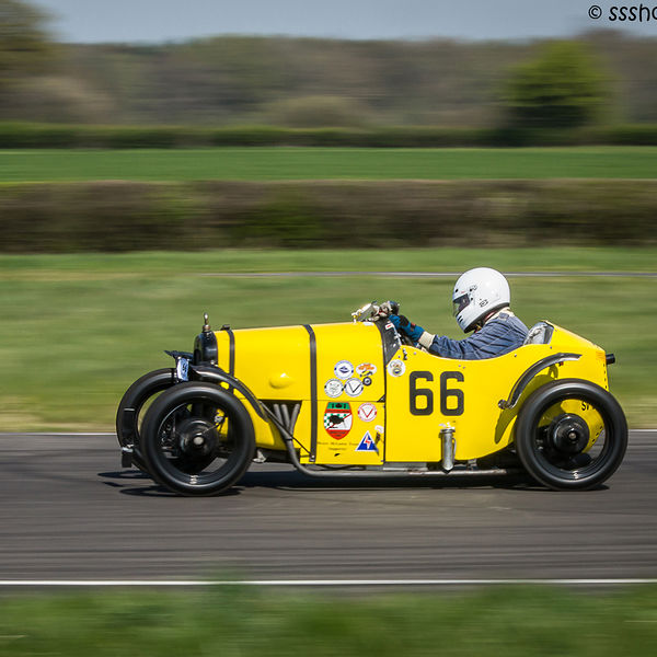 Vintage Sports Car Club Curborough Speed Trials 2019, #25 yellow vintage racing car at speed on curborough sprint course