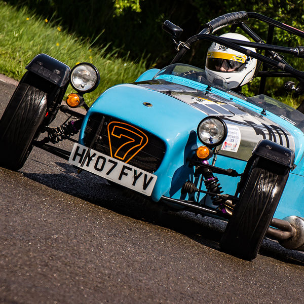 British Motorsports Marshals Sprint, Curborough Sprint Course, #19 Blue Lotus 7 Caterham Westfield opposite lock at hairpin bend on Curborough Sprint Course