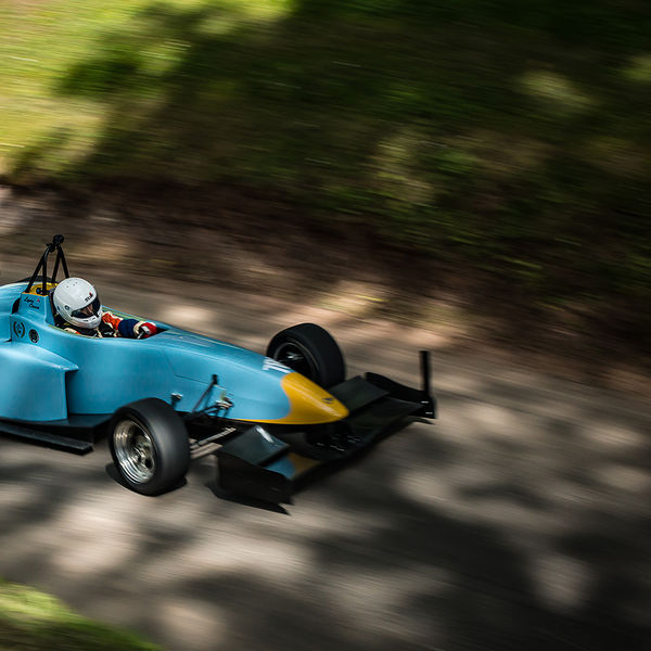 Best of British 2019, Shelsley Walsh, #32 pale blue single seat racing car with motion blur on shelsley walsh hill climb at speed