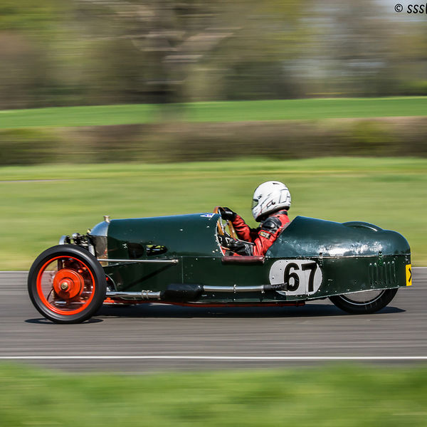 Vintage Sports Car Club Curborough Speed Trials 2019, #04 Green morgan vintage racing car at speed on curborough sprint course