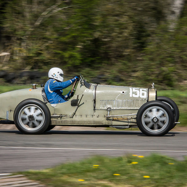 Vintage Sports Car Club Curborough Speed Trials 2019, #12 pale green vintage bugatti on curborough track at speed