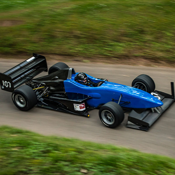 Best of British 2019, Shelsley Walsh, #40 blue and black single seat racing car on shelsley walsh hill climb at speed