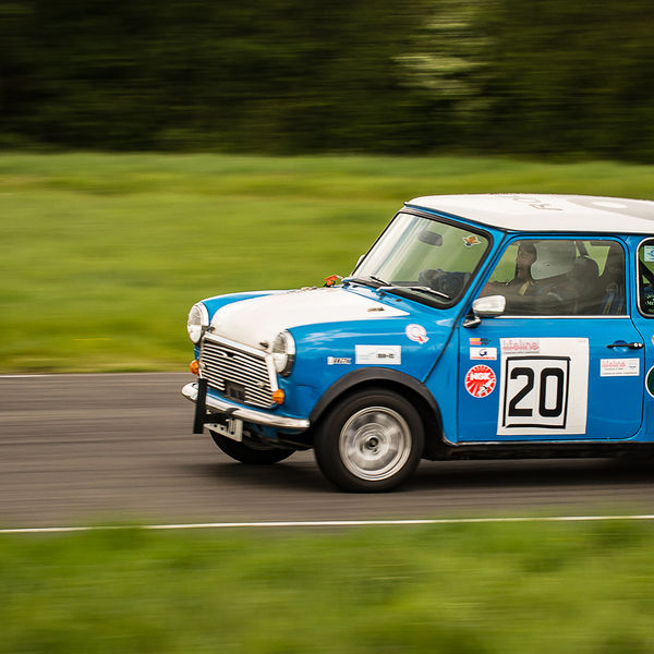 British Motorsports Marshals Sprint, Curborough Sprint Course, #31 classic blue mini cooper s at speed along shenstone straight
