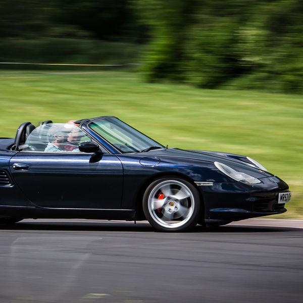 Porsche Club GB, R13, Track Day 2019, Curborough, #01 dark blue porsche boxster at speed on curborough sprint track