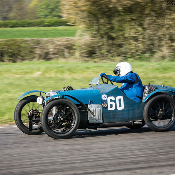 Vintage Sports Car Club Curborough Speed Trials 2019, #22 Blue vintage racing car at speed on curborough sprint course