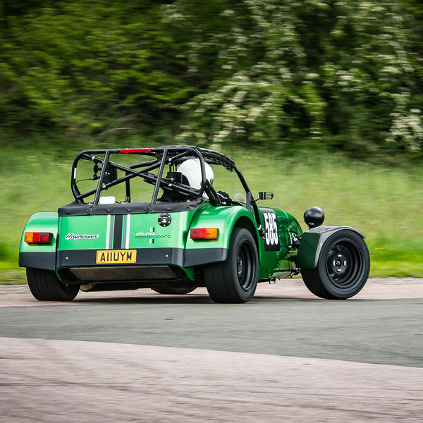 British Motorsports Marshals Sprint, Curborough Sprint Course, #04 Green Lotus 7 Caterham Westfield at hairpin bend on Curborough Sprint Course