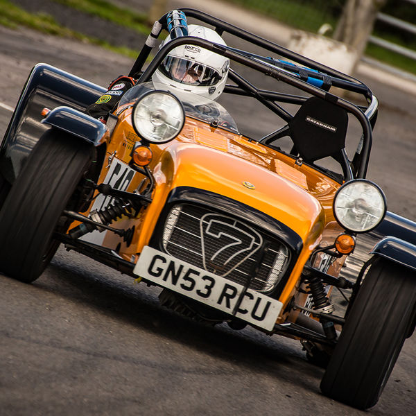 Lotus 7 Club Speed Championships, Curborough, #44 orange caterham 7 rounding the fradley hairpin corner at curborough sprint track