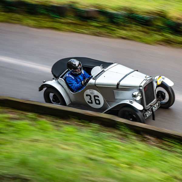 Classic Nostalgia 2019, Shelsley Walsh Hill Climb, #02 aluminium vintage racing car at speed on shelsley walsh hill climb circuit