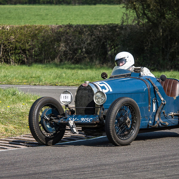 Vintage Sports Car Club Curborough Speed Trials 2019, #31 Blue bugatti vintage racing car at speed on curborough sprint course