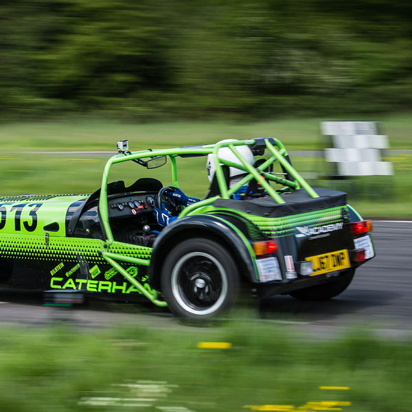 Lotus 7 Club Speed Championships, Curborough, #09 Bright green Caterham 7 at speed along the Curborough sprint course shenstone straight