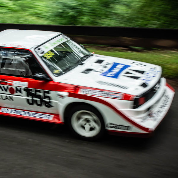 Classic Nostalgia 2019, Shelsley Walsh Hill Climb, #28 short wheelbase audi quattro rally car at speed on shelsley walsh hill