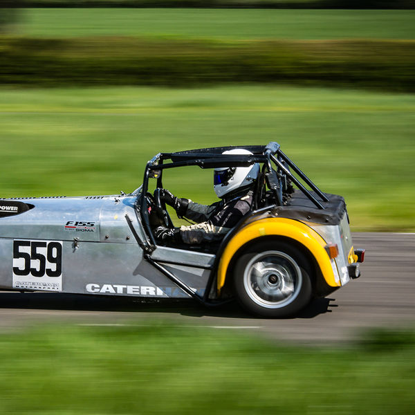 Lotus 7 Club Speed Championships, Curborough, #03 Yellow and silver Caterham 7 at speed along the Curborough sprint course shenstone straight