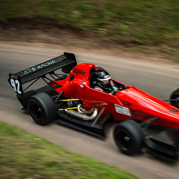Best of British 2019, Shelsley Walsh, #36 red GTS Racing single seat car with motion blur on shelsley walsh hill climb at speed