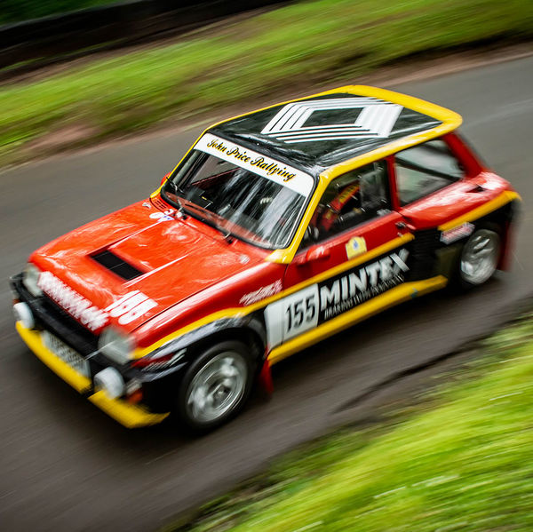 Classic Nostalgia 2019, Shelsley Walsh Hill Climb, #23 classic renault five rally car at speed on shelsley walsh hill climb circuit