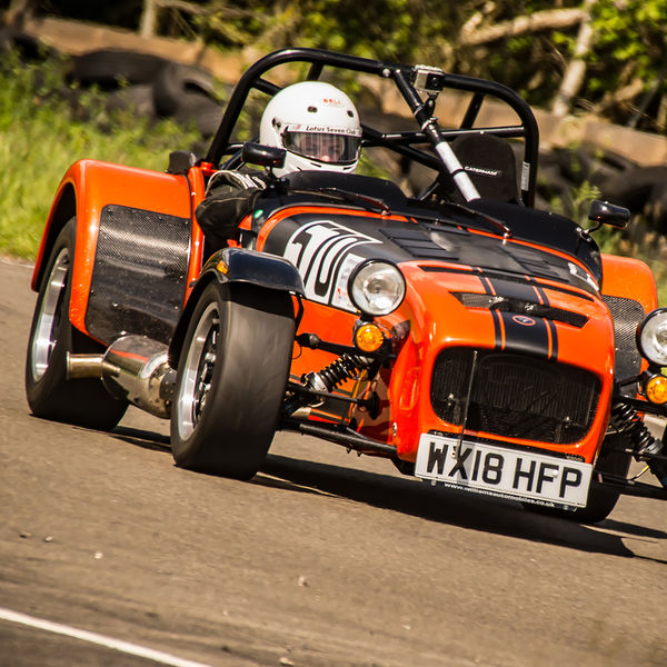 Lotus 7 Club Speed Championships, Curborough, #31 orange caterham 7 at speed through curborough sprint course mole hill corner