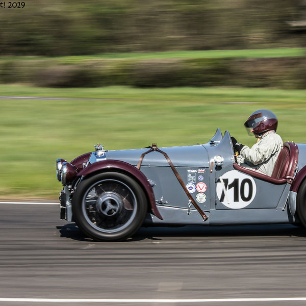 Vintage Sports Car Club Curborough Speed Trials 2019, #18 grey and maroon vintage racing car at speed on curborough sprint course