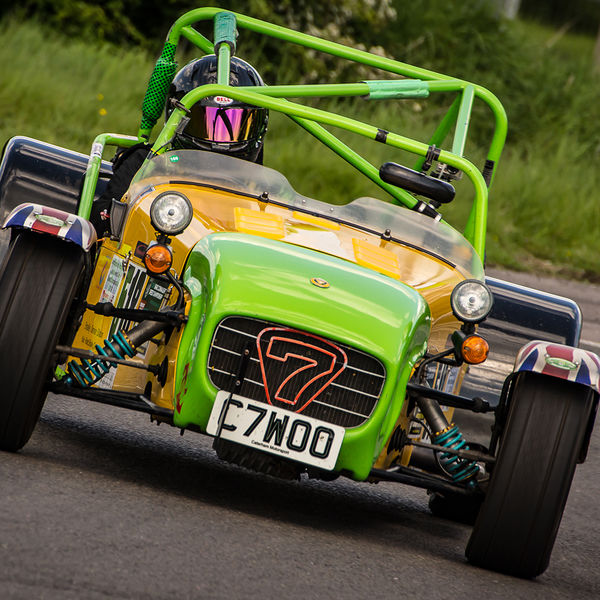 Lotus 7 Club Speed Championships, Curborough, #43 lime green and yellow caterham 7 rounding the fradley hairpin corner at curborough sprint track