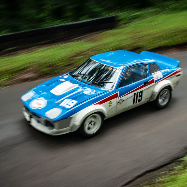 Classic Nostalgia 2019, Shelsley Walsh Hill Climb, #20 classic works TR7 rally car at speed on shelsley walsh hill climb circuit