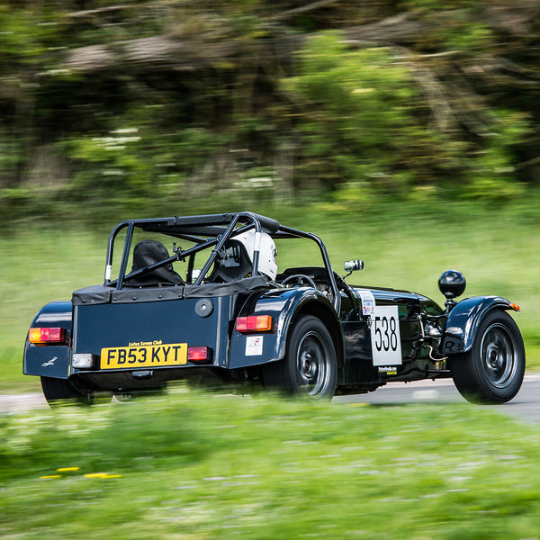 Lotus 7 Club Speed Championships, Curborough, #15 Dark green Caterham 7 at speed round flag pole corner at shenstone sprint course