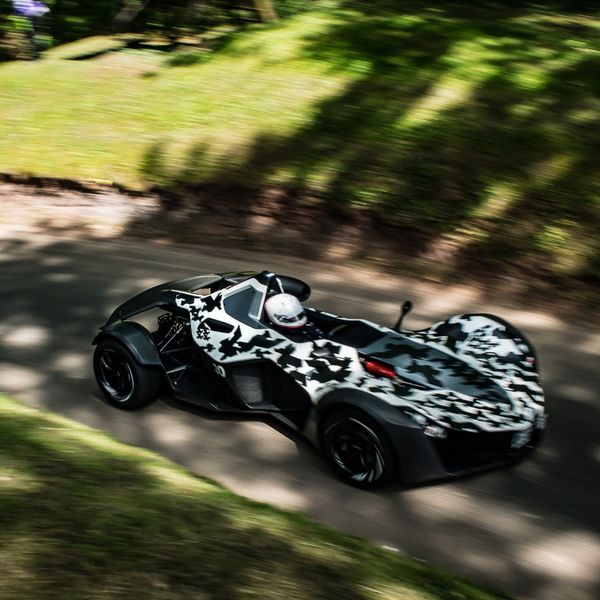 Best of British 2019, Shelsley Walsh, #63 futuristic black and white camo race car on shelsley walsh hill climb circuit