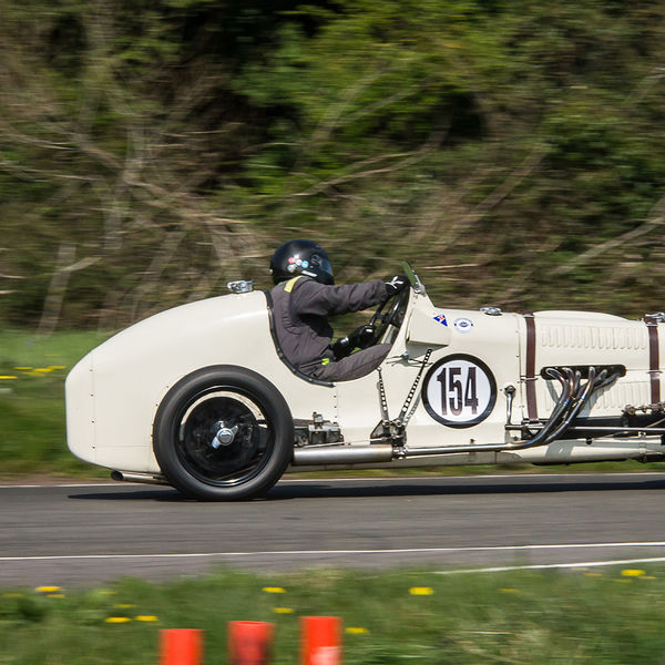 Vintage Sports Car Club Curborough Speed Trials 2019, #09 White vinage racing car taking on curborough sprint course at speed
