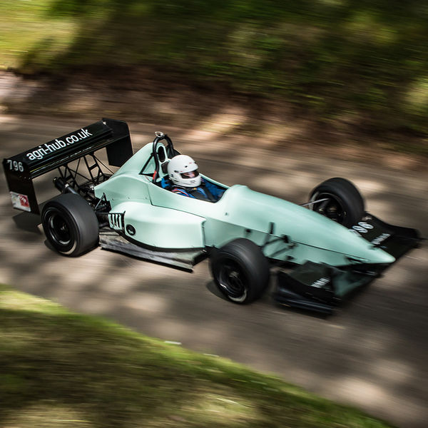 Best of British 2019, Shelsley Walsh, #33 mint green agri-hub sponsored single seat racing car on shelsley walsh hill climb at speed