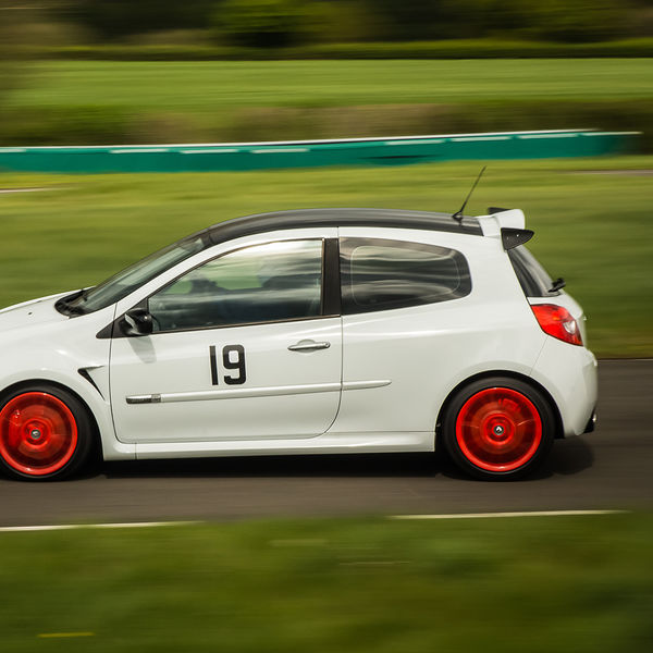 Curborough Sprint Championship 2019 - Round One - #04 white renault clio with red wheels at speed on curborough shenstone straight
