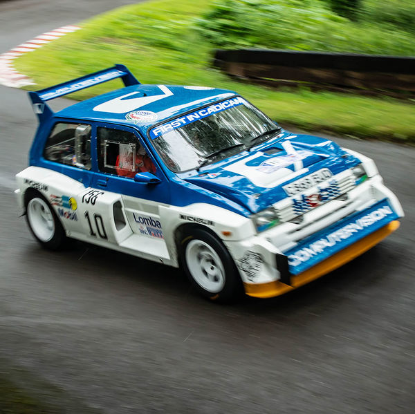 Classic Nostalgia 2019, Shelsley Walsh Hill Climb, #15 Austin metro 6R4 rally car at speed on shelsley walsh hill
