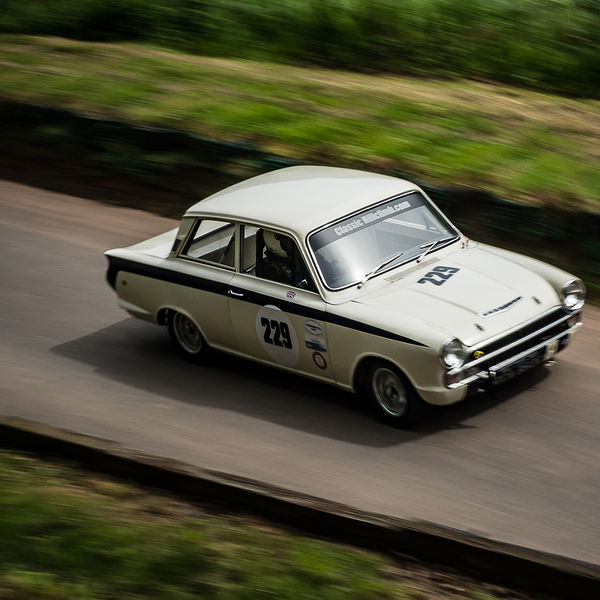 Best of British 2019, Shelsley Walsh, #24 classic old english white mark one lotus cortina at shelsley walsh hill climb at speed
