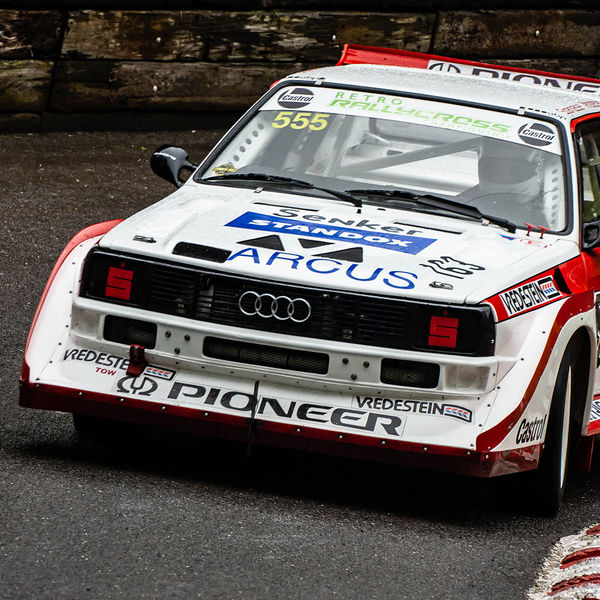 Classic Nostalgia 2019, Shelsley Walsh Hill Climb, #49 short wheelbase audi quattro rally car at speed on shelsley walsh hill