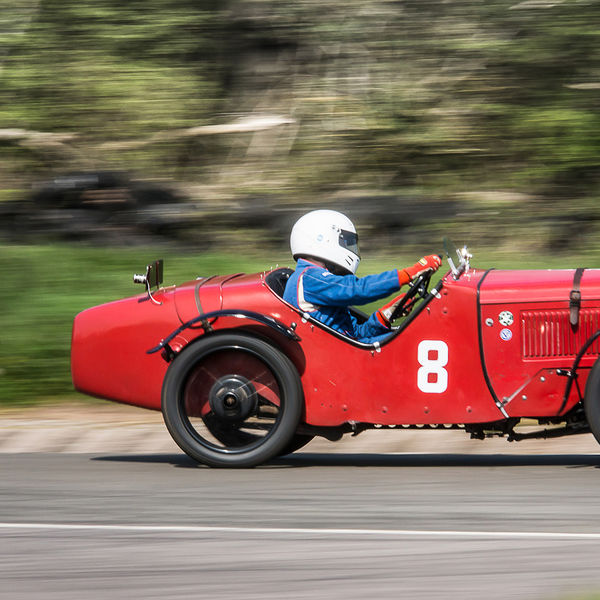 Vintage Sports Car Club Curborough Speed Trials 2019, #13 red vintage racing car taking curborough flagpole corner at speed