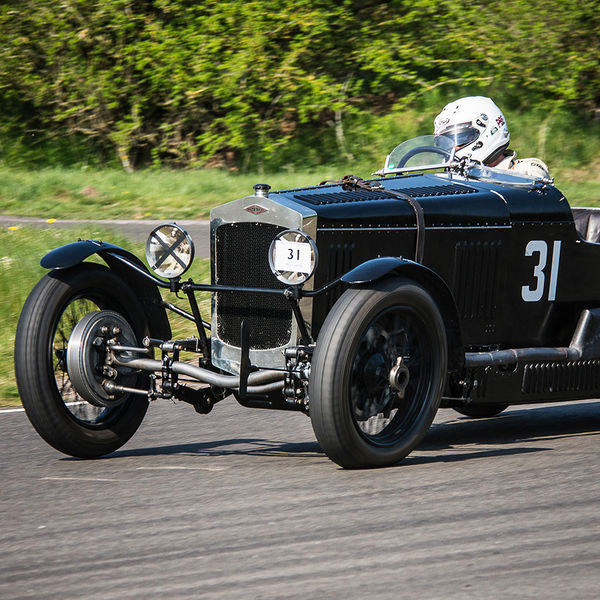 Vintage Sports Car Club Curborough Speed Trials 2019, #43 green vintage racing car at speed on curborough sprint course