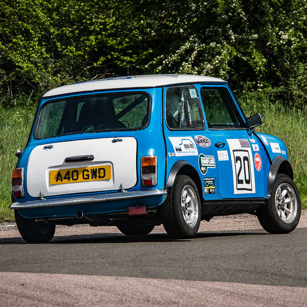 British Motorsports Marshals Sprint, Curborough Sprint Course, #21 blue racing mini cornering at speed on curborough sprint track