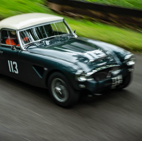 Classic Nostalgia 2019, Shelsley Walsh Hill Climb, #41 classic austin healey racing car at speed on shelsley walsh hill climb circuit