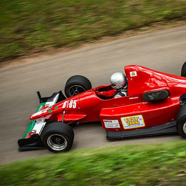 Best of British 2019, Shelsley Walsh, #43 red white and green welsh dragon pilbeam single seat racing car at shelsley walsh hill climb at speed