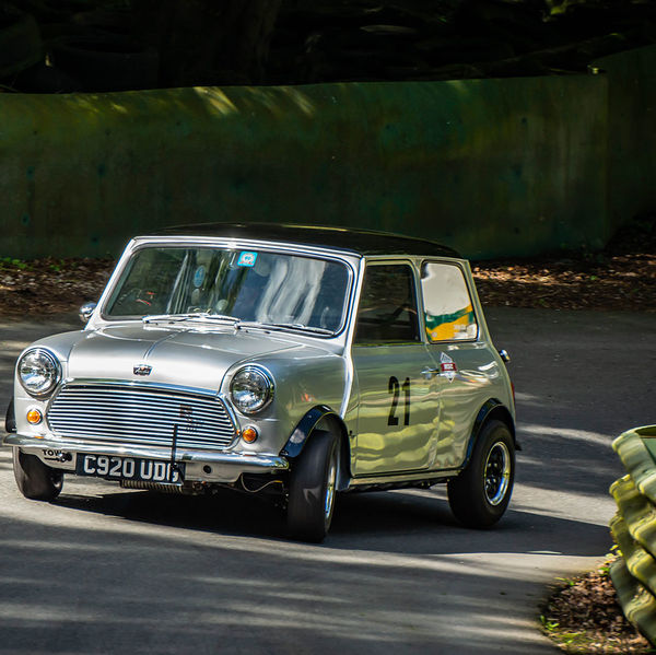 Porsche at Prescott 2019, #18 silver classic mini cooper at speed during the porsche at prescott hill climb event