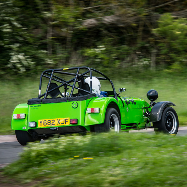 Lotus 7 Club Speed Championships, Curborough, #21 Bright green caterham 7 exiting flagpole corner at curborough sprint course