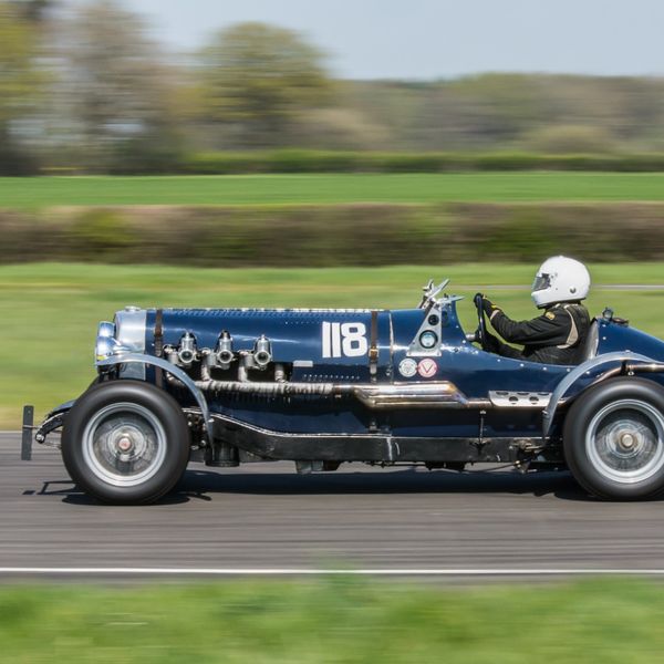 Vintage Sports Car Club Curborough Speed Trials 2019, #08 Blue vintage racing car at speed on curborough sprint course