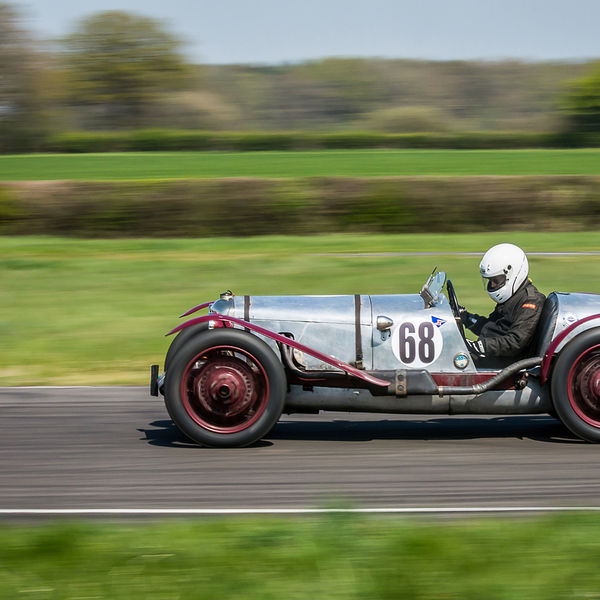 Vintage Sports Car Club Curborough Speed Trials 2019, #02 Aluminium vintage racing car at speed on curborough sprint course
