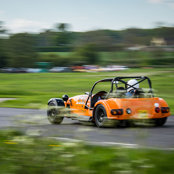 British Motorsports Marshals Sprint, Curborough Sprint Course, #05 Orange Lotus 7 Caterham Westfield at finish line on Curborough Sprint Course