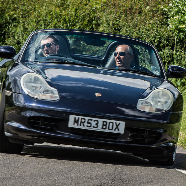 Porsche Club GB, R13, Track Day 2019, Curborough, #36 dark blue convertible porsche boxster at speed on curborough sprint track
