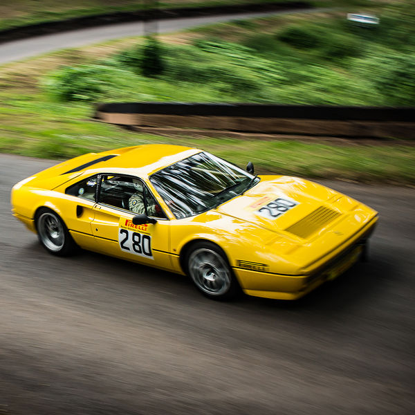 Best of British 2019, Shelsley Walsh, #55 yellow ferrari 308 gtb attacking shelsley walsh hill climb at speed