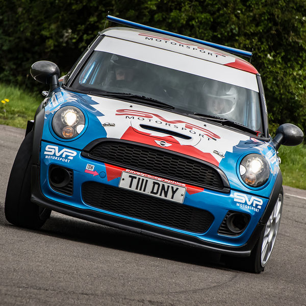 Quinton Motor Club May Track Day, Curborough, #12 Blue Mini turning into the hairpin at speed on Curborough Sprint Course