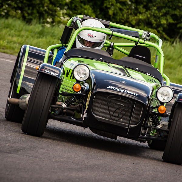 Lotus 7 Club Speed Championships, Curborough, #39 lime green caterham 7 rounding the fradley hairpin corner at curborough sprint track