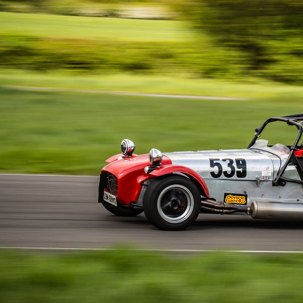 British Motorsports Marshals Sprint, Curborough Sprint Course, #17 Red and silver Lotus 7 Caterham Westfield at speed on Curborough Sprint Course