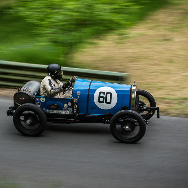La Vie en Bleu 2019, Prescott Speed Hill Climb, #46 blue vintage bugatti sports car speeding up prescott hill during the 2019 la vie en bleu event