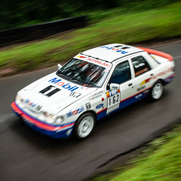 Classic Nostalgia 2019, Shelsley Walsh Hill Climb, #25 Ford Sierra Saffire racing car at speed on shelsley walsh hill climb circuit