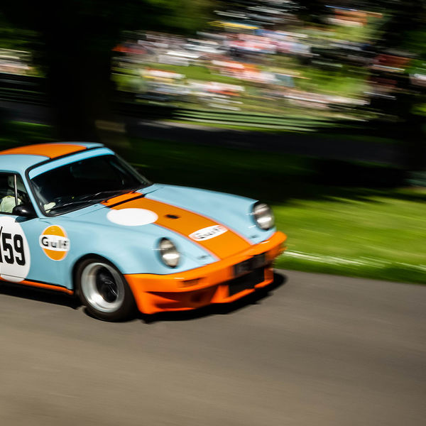 Porsche at Prescott 2019, #60 gulf liveried porsche 911 at speed during the porsche at prescott hill climb event