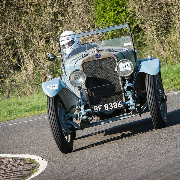 Vintage Sports Car Club Curborough Speed Trials 2019, #37 light blue Delage vintage racing car at speed on curborough sprint course