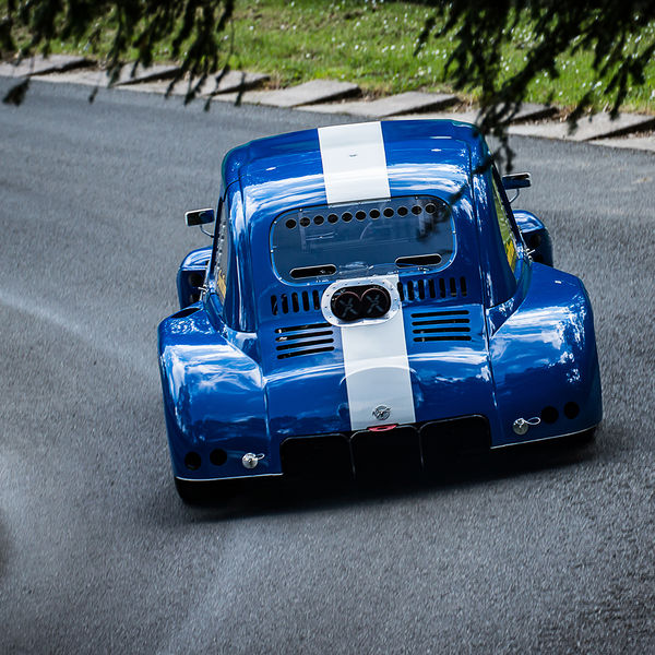 La Vie en Bleu 2019, Prescott Speed Hill Climb, #19 fiat 500 space frame special racing car charging up prescott hill at la vie en bleu event